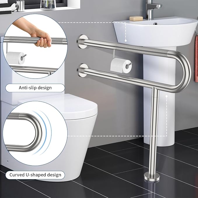 Toilet Grab Bar with Leg 31.5x28 Inch, ZUEXT Brushed Nickel Knurled Toilet Support Bar with Toilet Paper Holder,Stainless Steel Wall & Floor Mounted Bathroom Support Rail for Elderly Disabled Pregnant