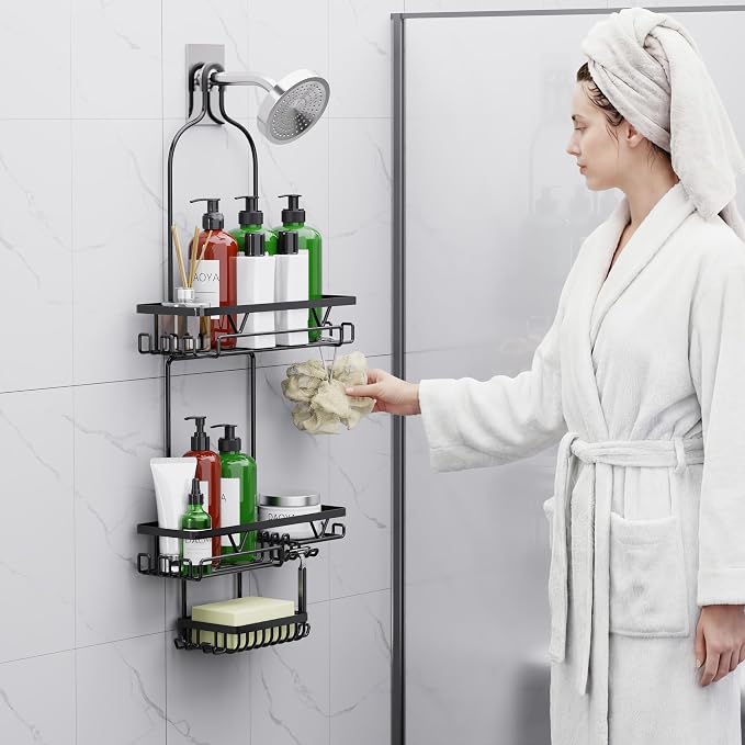 DAOYA Shower Caddy Hanging, Anti-Swing Over Head Shower Caddy, Rustproof Bathroom Organizer with Soap Holder & Hooks