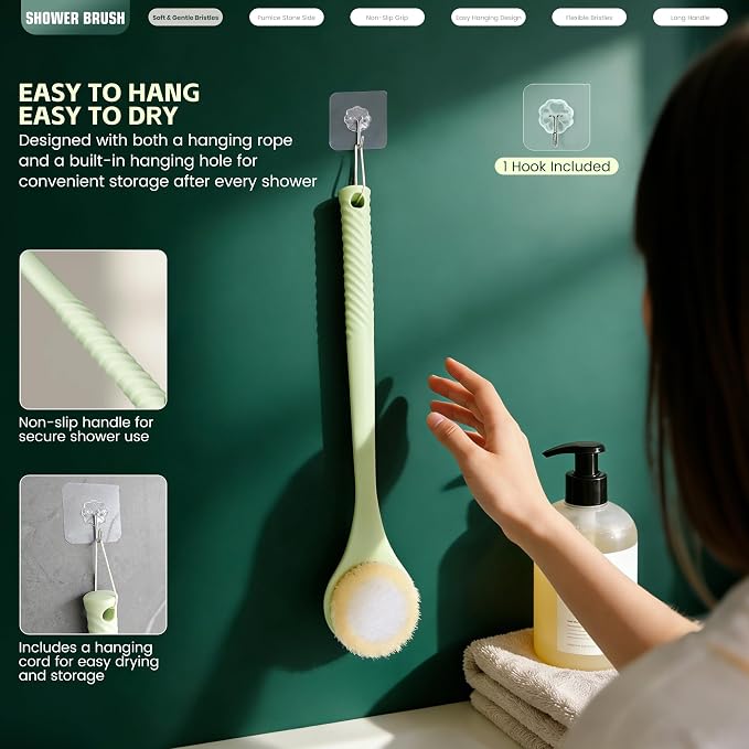 Back Scrubber for Shower, Long Handle Exfoliating Brush, Dual-Sided Bath Brush with Soft Bristles & Volcanic Pumice Stone, Anti-Slip Grip for Men & Women (Green)