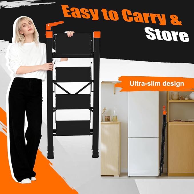 4 Step Ladder with Single-Handrail,Lightweight Aluminum 4 Step Ladder,600lbs Max Load Heavy Duty Step Stool for Kitchen,Home,Office