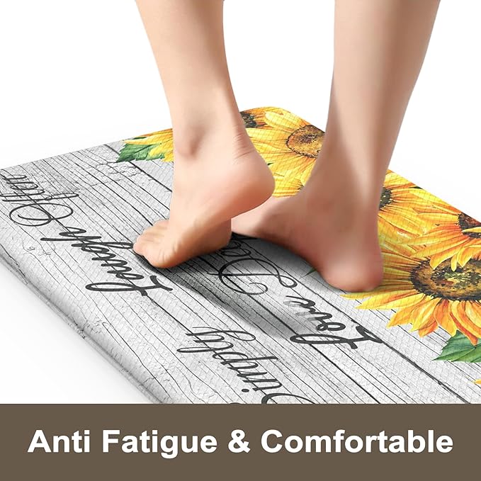 KIMODE Anti Fatigue Kitchen Mat, Farmhouse Sunflower Kitchen Rugs Sets of 2, Kitchen Floor Mats Non-Slip Cushioned, Comfort Kitchen Mats for Floor Sink, Laundry, Desk White 17"x47"+17"x29"