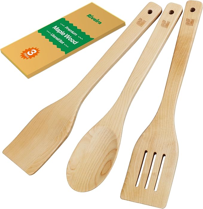 Riveira Maple Wooden Spoons for Cooking Set of 3 – Natural Maple Wooden Cooking Utensils, Wooden Spatula, Wooden Spoon - Premium Quality Utensil Set for Non-Toxic Cooking