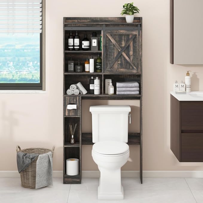 Vabches Over The Toilet Storage Cabinet, Farmhouse Storage Cabinet Over Toilet with Sliding Doors & Toilet Paper Holder Stand，Home Space-Saving Toilet Rack, for Bathroom, Laundry(Dark Grey)