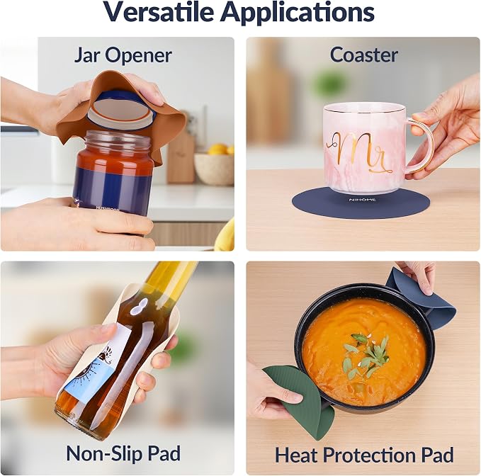 NIHOME Silicone Jar Opener – 6 Inch Large Anti-Slip Grip Pads, Premium 100% Food-Grade Silicone, Stylish Designer Colors, Multi-Purpose Heat-Resistant Mat & Coaster, Set of 6 (Vintage Colors)