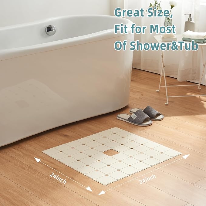 Shower Mat Non Slip Silicone Soft Odorless Bathtub Mat Non Slip No Suction Cups for Refinished,Reglazed and Textured Bath Tub Mat 24 X 24 Inch Beige