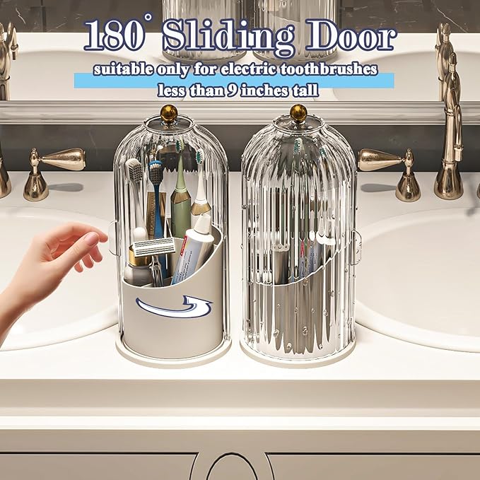 Toothbrush and Toothpaste Holders with Cover, Transparent | Waterproof and Dustproof, 360° Rotating Base, Smooth Sliding Door, 3 Slots, for Bathroom Countertop
