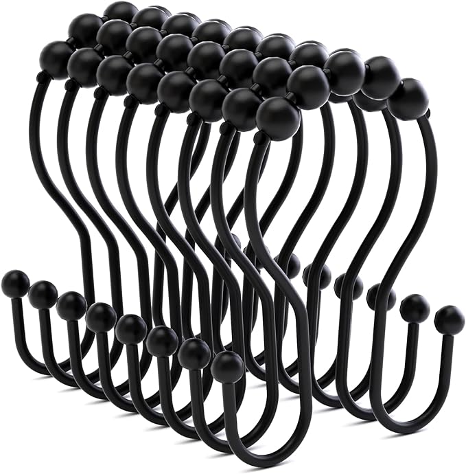 Bathway Shower Curtain Hooks Shower Curtain Rings Black Shower Curtain Hooks RustProof Smooth Metal Double Shower Curtain Hook, Shower Hooks for Shower Curtain Liner Bathroom Shower Rod Hook