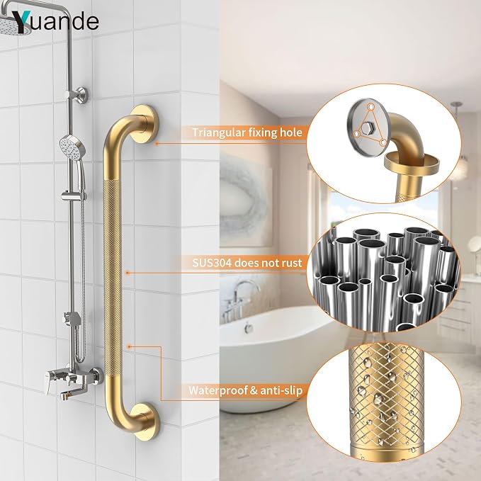 4 Pack 24 Inch Shower Grab Bar, YuanDe Gold Bathroom Grab Bar Handle w/Anti-Slip Knurled Grip, Stainless Steel Bath Balance Bar, 1.25" Diameter Safety Hand Rail Support,Handicap Injury Elderly Senior