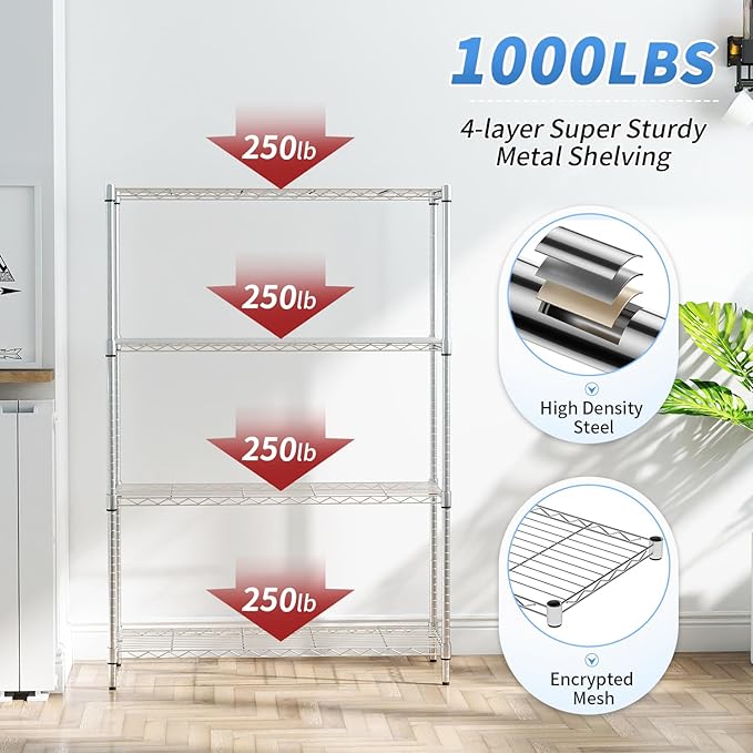 BestOffice | 4-Tier Wire Storage Shelves | 36x14x54 | Chrome | with Adjustable Racks | Heavy-Duty Metal Shelf, Holds Upto 1000 lbs | No-Tool Assembly | Ideal for Home & Garage Shelving