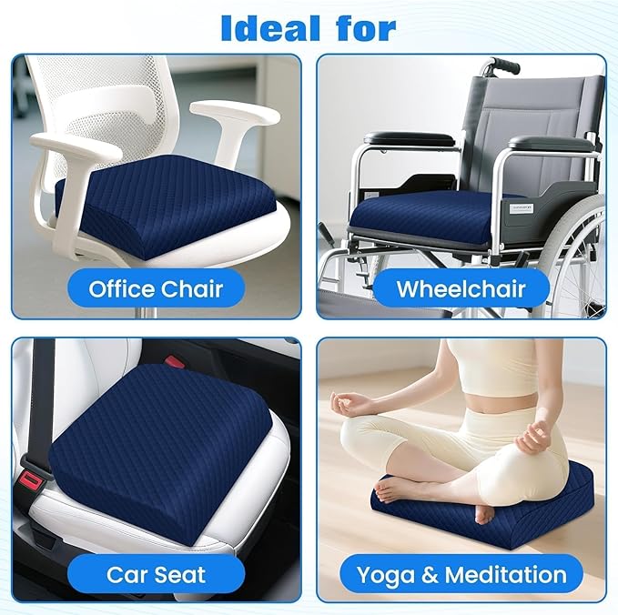 Seat Cushion for Office Chair, Memory Foam Chair Cushions, Car Seat Cushion for Long Sitting, Desk Chair Cushion for Pressure Relief, Non-Slip Bottom, Washable Cover, Large, Blue