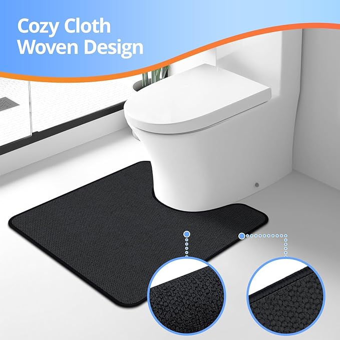 HOMTEB Toilet Rugs U Shaped Washable 24x20, Ultra Thin Toilet Rug Super Absorbent, Toilet Mat Rubber Backing Non-Slip, Toilet Mats Machine Washable Dry Quickly, Contour Bathroom Rugs for Toilet-Black