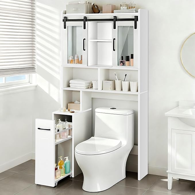 Over The Toilet Storage Cabinet, Extendable Rolling Drawer-Style, Mobile, Acrylic Sliding Doors, Adjustable Shelving, Compact Bathroom Storage with Toilet Paper Holder for Bathroom, Laundry Room