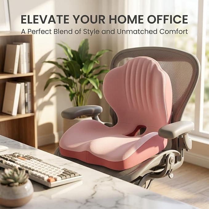 SakerPlus Ergonomic Memory Foam Seat Cushion and Back Support Pillow, One Piece Chair Cushion with Lumbar Support, L Shaped Office Chair Cushion for Desk Chair, Car Seat, Computer Wheelchair (Pink)