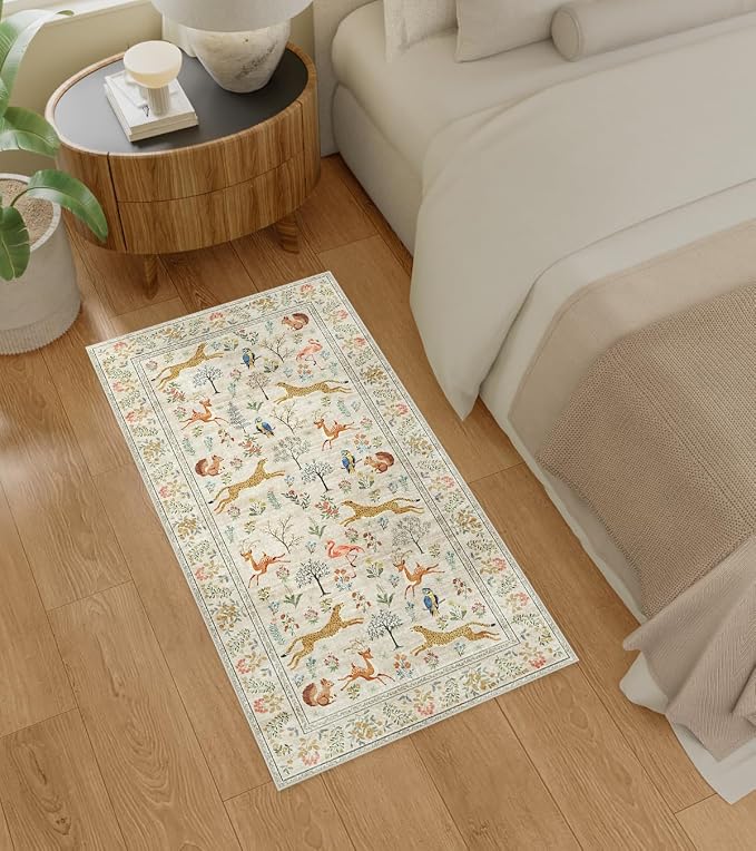 DUKINO 2x4 Rug for Hallway, Washable Kitchen Runner Rug with Non Slip Backing, Soft Low Pile Vintage Animal Runner for Bedroom, Kitchen, Hallway, Entryway, Laundry, Beige