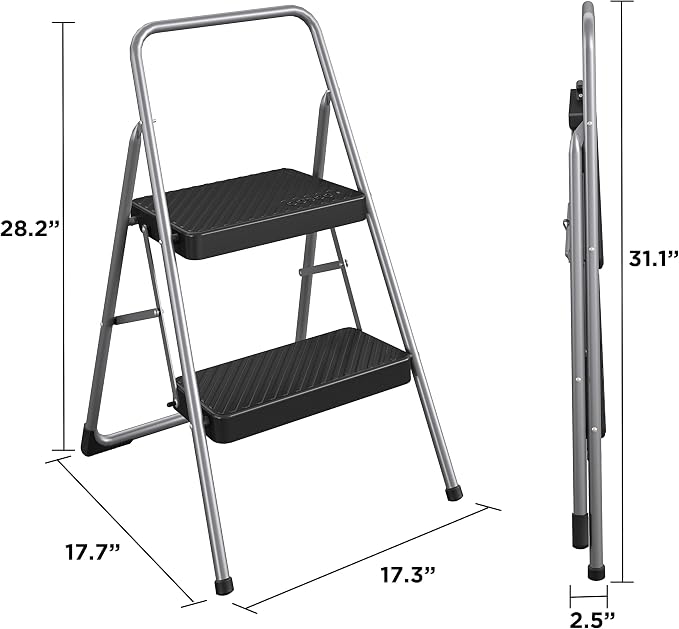CoscoProducts COSCO 11137PBL1E 2 Household Folding Step Stool, ANSI Type 3, 200 lb Weight Capacity, Platinum