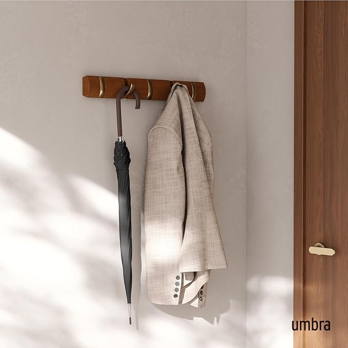 Umbra Flip Wall-Mounted Coat Rack with 5 Hooks – Modern, Space-Saving Storage for Hats, Jackets, Bags, Entryway, Mudroom, Closet, Bathroom, Bedroom – Light Walnut/Gold