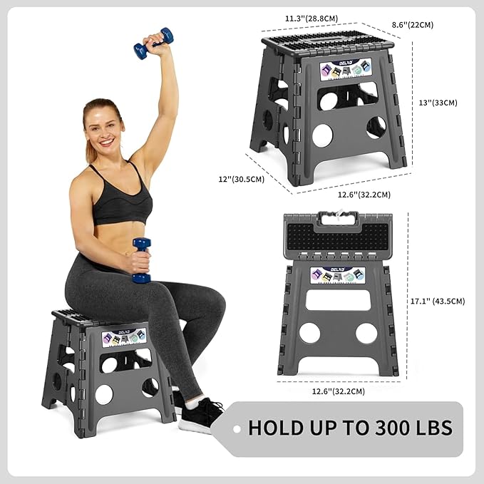 Delxo Folding Step Stool 13 inch Height Heavy Duty Foldable Step Stools for Adults and Kids,Kitchen Small Collapsible Fold Up Stepping Stool 1 Pack in Grey Dotted Texture