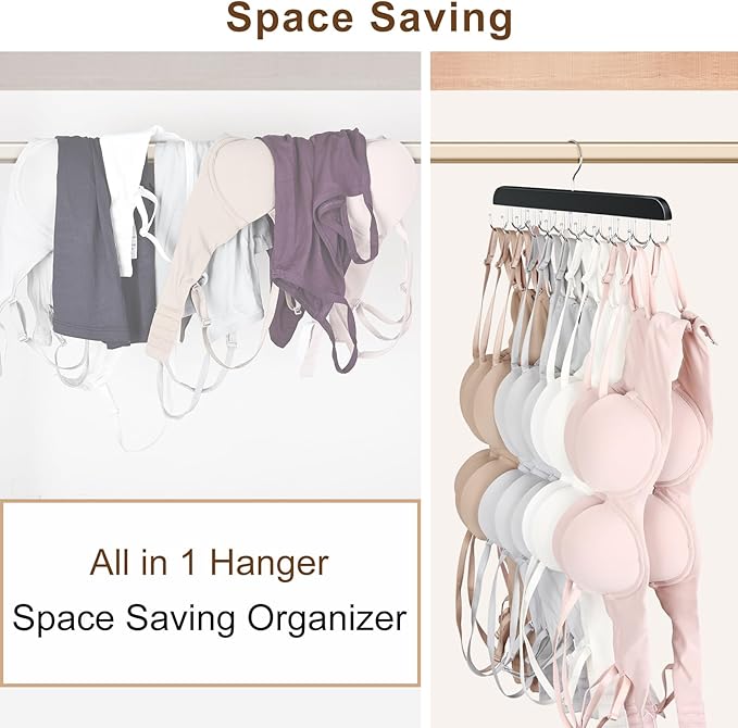 Bra Hanger for Closet, Tank Top Organizer 20 Hooks Capacity Foldable Wood Space Saving Hanger Closet Organizers and Storage for Dorm & Apartment for Tank Top, Hats, Scarf etc.