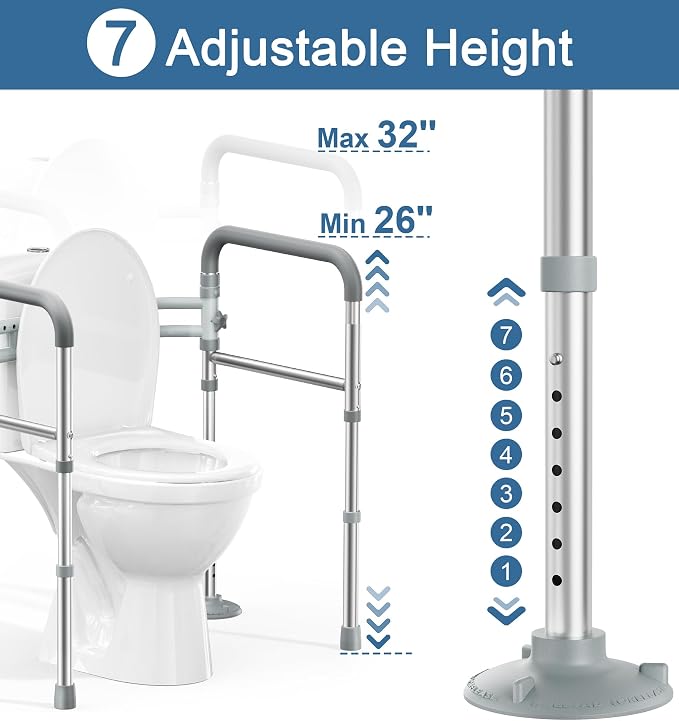 Toilet Safety Rails for Seniors (350 LBS), Adjustable Toilet Safety Frame for Elderly and Disabled, Foldable Handicap Toilet Assistance Rail Fits Most Toilets, Gray