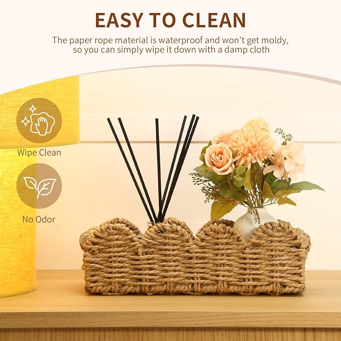 Paper Rope Storage Basket Set of 2 with Wooden Handles - Scalloped Toilet Paper Organizer, Cute & Functional Home Decor for Bathroom or Living Room (Beige)