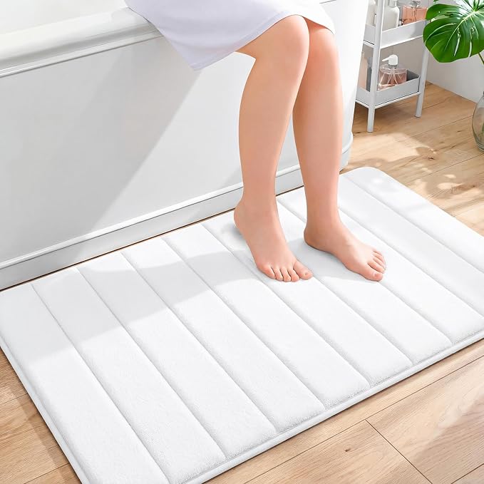 OLANLY Memory Foam Bath Mat 40x24, Super Soft Absorbent Bathroom Rugs, Quick Dry, Machine Washable Shower Floor Rugs, Bathmat Carpet, Bathroom Home Decor Accessories, White