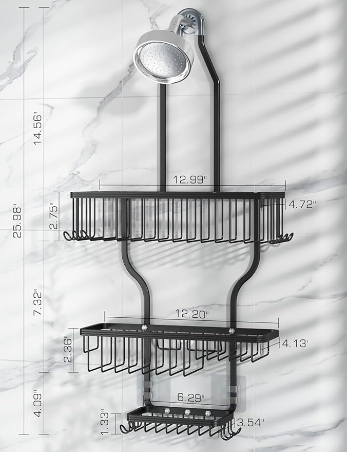 YASONIC Never Rust Shower Caddy Hanging, Aluminum Shower Racks for Inside Shower, 3-Tier Shower Organizer Hanging Over Shower Head with Hooks and Soap Holder, Black