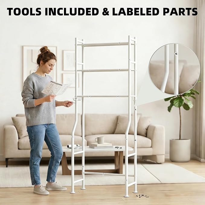 GloTika 3-Tier Over Toilet Storage with Anti-Tilt Safety System - 150lb Total Capacity Metal Bathroom Shelves Including Paper Holder & 4 Hooks, Space Saving Above Commode Organizer (64" H, White)