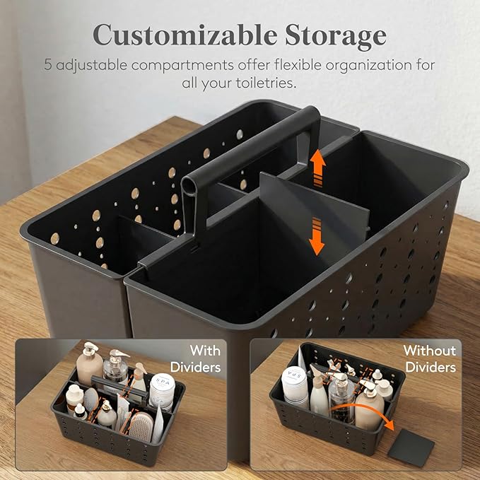 Lifewit Shower Caddy Portable, Caddy Organizer with Handle and Adjustable Dividers, Plastic Shower Basket for Dorm Room Essentials, College, Bathroom, Black, 2 Packs