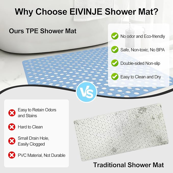 Anti Slip Shower Mat with Suction Cups,23.6x35.4 Inch Quick Drain TPE Non Slip Shower Mats for Inside Shower,Large Bath Mat for Shower Soft on Feet, Easy to Dry&Cut Machine Washable