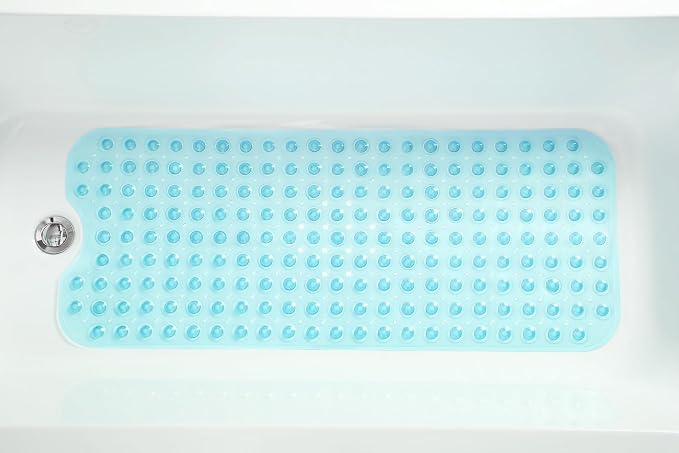 Extra-Long Non-Slip Bathtub & Shower Mat 39”x16” (Smooth/Non-Textured Tubs Only) Safe, Clean, Machine-Washable, Superior Grip&Drainage, Vinyl, Transparent Aqua/Blue-Green