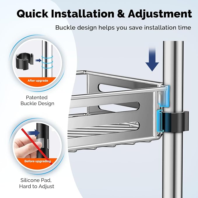 HAMITOR Corner Shower Caddy Tension Pole: Quick Installation 4-Tier Rustproof Bathroom Organizer Shelves for Bathtub Shampoo Storage - 47-121 inch Adjustable Floor Standing Bath Rack Holder - Silver