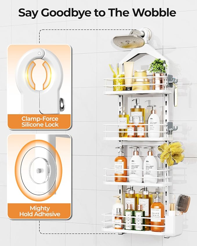 ODesign 4 Tier Height-Adjustable Shower Caddy Hanging Anti-Swing-Over The Shower Head Caddy-Storage Organizer Bathroom Shelves Basket-White