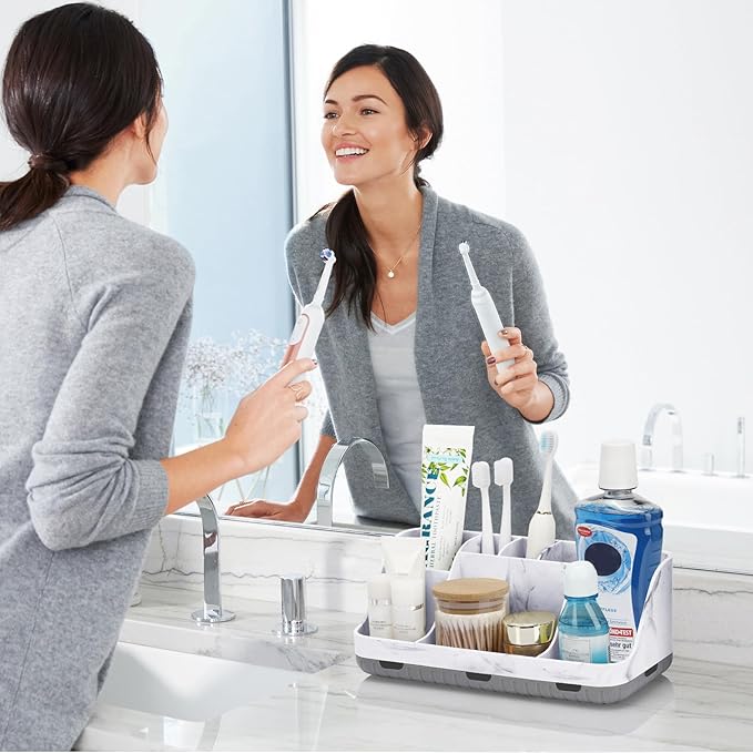 GFWARE Marble Bathroom Countertop Organizer - Detachable 7 Slots Kids Electric Toothbrush and Toothpaste Holde Drainage for Bathroom Accessories Organization Counter Vanity Storage, Grey