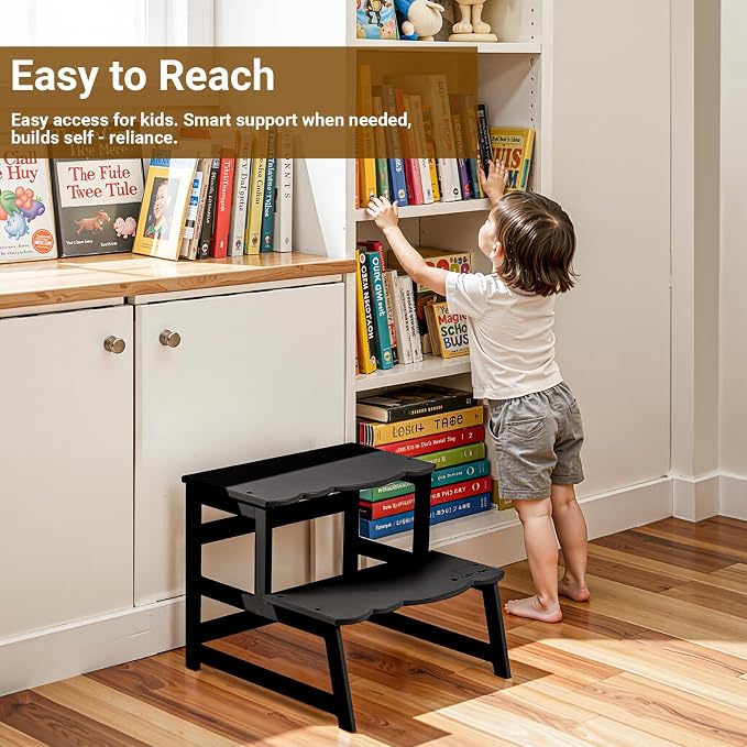 COSYLAND Toddler Step Stool with Armrest – Wooden Helper for Bathroom Sink, Potty, Kitchen, Bedroom – 300 lbs Load Capacity Ladder with Removable Anti-Fall Side Frame – Black