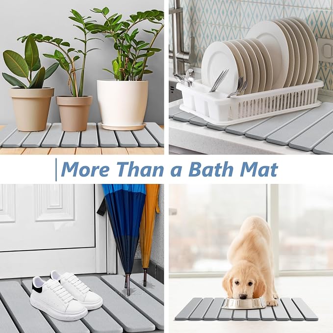 AWW Foldable Stone Bath Mat, Quick Dry Diatomaceous Earth Bath Mat with Non-Slip Mat, Super Absorbent, Easy to Clean, Compact for Small Bathrooms, 23.6 x 15.5, Light Grey