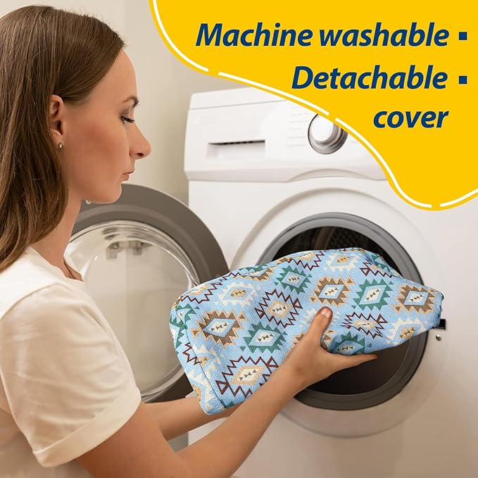 AAAAAcessories D-Shaped Chair Cushions, 2" Thick Dining Chair Pads with Ties and Removable, Machine-Washable Cover, 17" x 16", Set of 6, Geometric Blue