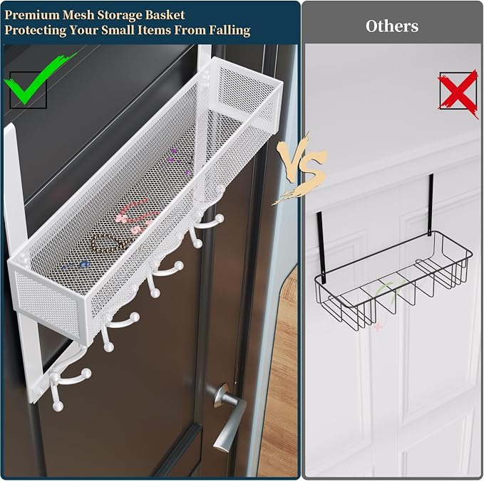 Consumest Over The Door Hooks Organizer - 2 Tier Over Door Hanger with 16 Hooks & 2 Baskets for Hanging Coat, Clothing, Towel, Back Storage for Bathroom, Closet, College Dorm, White