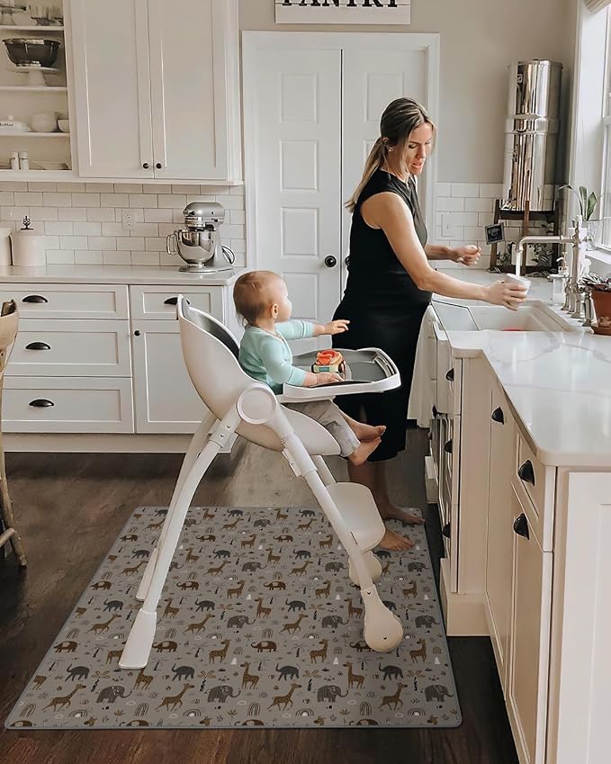 Blissful Diary Baby Splat Mat for Under High Chair, 50.4 x 50.4 Inch Wipeable Splash Mat, Waterproof and Washable, Anti-Slip Floor Protector, Elephant&Giraffe