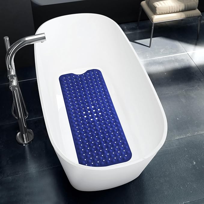 LUX Décor Non-Slip Bathtub Mat, Extra Large 40x16 Inches – Anti-Slip Safety Shower Mat with Suction Cups & Drain Holes – Machine Washable Bath Mat – Navy