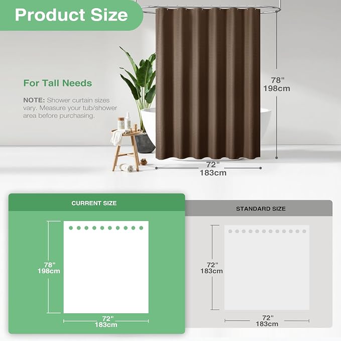 Dynamene Long Fabric Shower Curtain - 78 inch Long Waffle Weave Weighted Cloth Shower Curtains for Bathroom, Neutral Heavy Duty Hotel Spa Luxury Bath Curtain Set with 12 Plastic Hooks,72x78, Brown