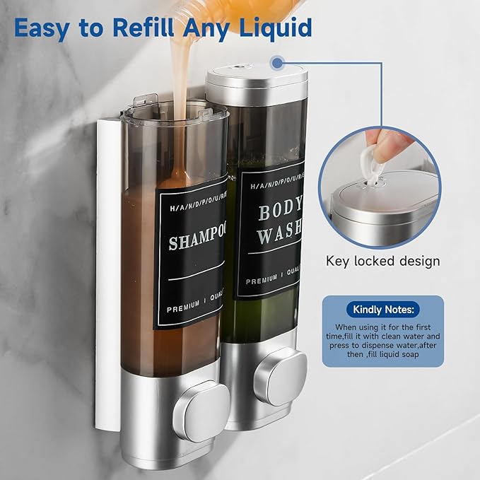 Shampoo and Conditioner Dispenser,Unisence Shower Dispenser 2 Chamber No Drill Wall-Mounted Shampoo Dispenser for Shower Wall Mounted Body Wash Dispenser for Bathroom Hotel Large Capacity,Silver