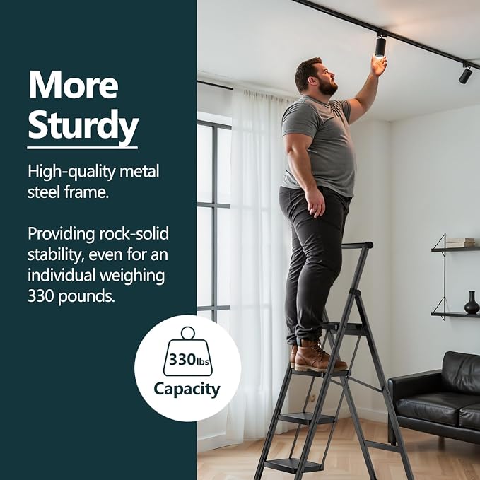 WOA WOA Step Ladder for Home, Foldable Step Stool for Kitchen with Non-Slip Pedals, Sturdy Ladders Supports up to 330 lbs, Compact and Portable - 4 Step with Handle/Black