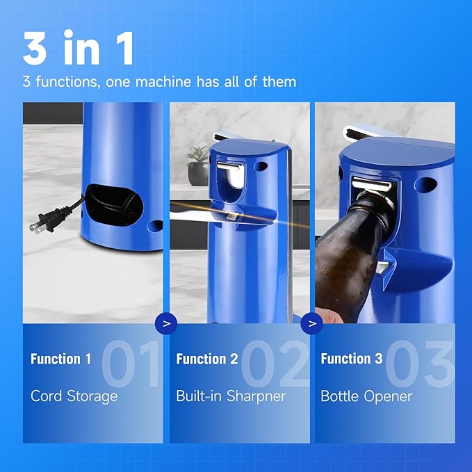 Davivy Electric Can Opener, One Touch Lid Opening, Removable Stainless Steel Cutter and 3-in-1 Design, with Sharpener and Bottle Opener, Stainless Steel-Blue)