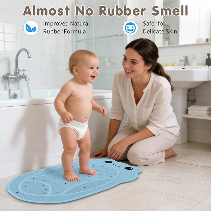 Upgraded Bathtub Mat Non Slip, Kids Bath Mat 30"x 18", Bath Mat for Tub Non Slip with Strong Suction and Textured Surface, Natural Rubber Latex Free PVC Free Safe for Baby, Frog Pattern, Blue
