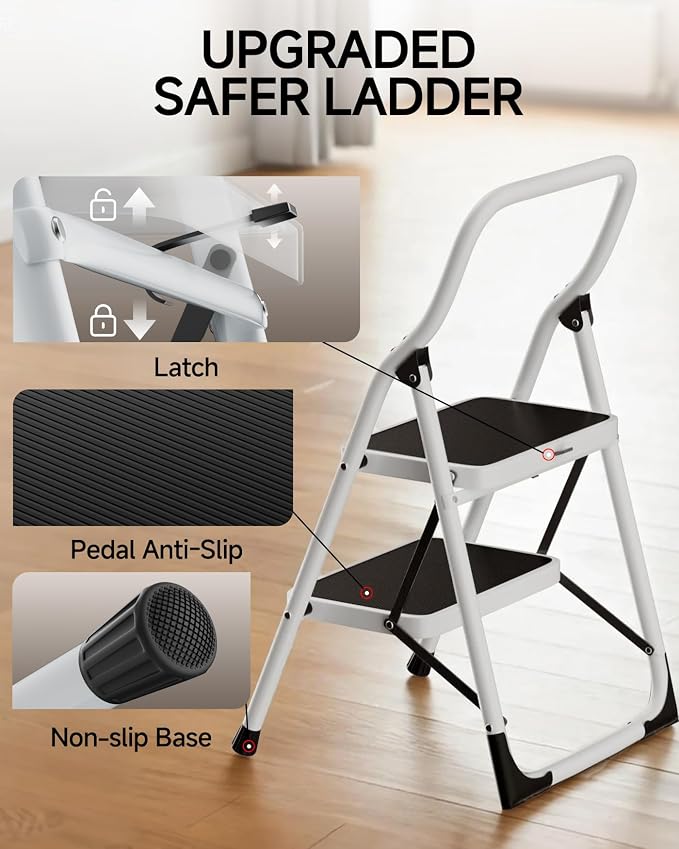 SOLADDER 2 Step Stool, Folding Step Ladder with Wide Anti-Slip Pedal & Safety Lock, Step Stool for Kitchen, Bathroom, Office, 300lbs Capacity