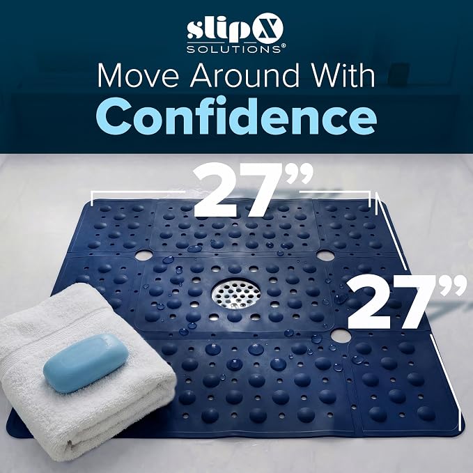 SlipX Solutions 27" Oversize Square Shower Mat, Non-Slip Mat for Elderly & Kids, 100+ Power Grip Suction Cups for Smooth Surfaces, Machine Washable, Solid Navy Blue