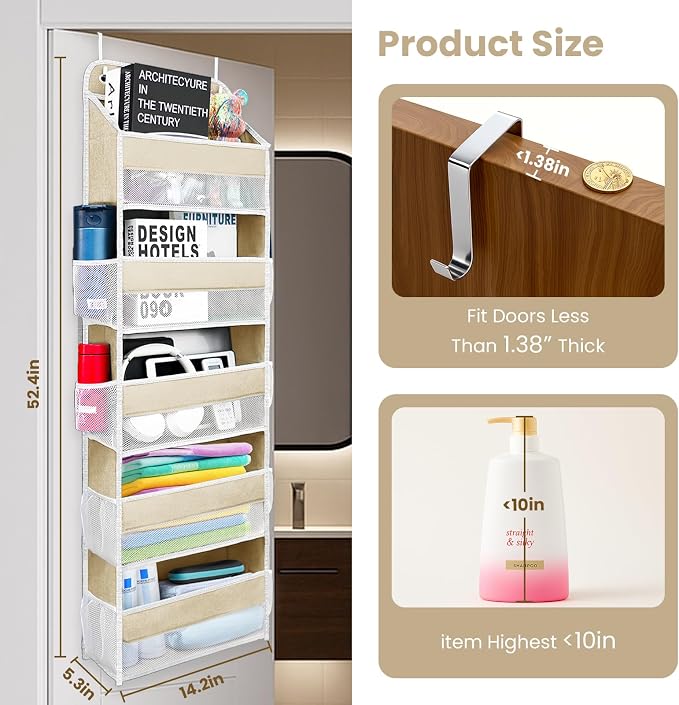 Space Saving Over The Door Organizer,5 Shelves & 8 Side Pockets,Anti Tilt Hanging Behind Door Storage,Heavy-Duty Reinforced Mesh Rack Holds 44lb for Bathroom,Pantry, Nursery,Closet, Shoes, Towels