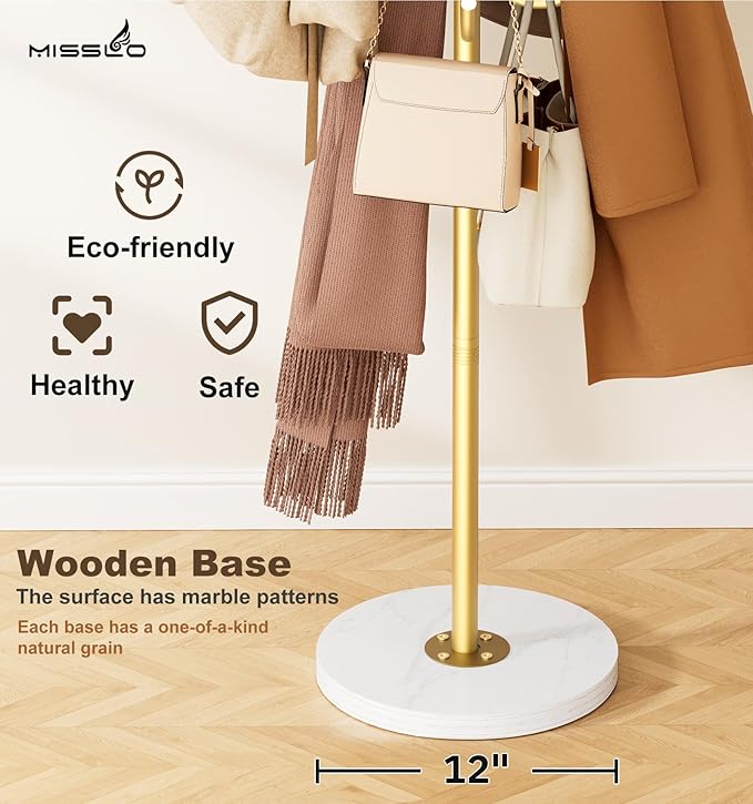 MISSLO Heavy Duty Coat Rack Freestanding with Stable Wood Base Modern Gold Coat Tree with 12 Hooks Adjustable Coats Hanger Stand Stylish Standing Clothes Tree for Entryway Bedroom Corner Hall