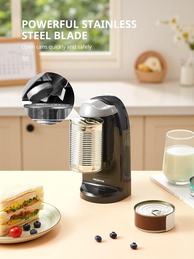 Reemix Electric Can Opener, One-Touch Operation, Knife Sharpener and Bottle Opener 3 in 1, Easy Clean Kitchen Tool for Home Use, Automatic Can Opener