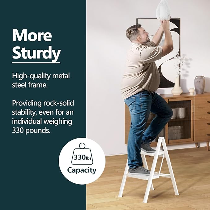 WOA WOA Step Ladder for Home, Foldable Step Stool for Kitchen with Non-Slip Pedals, Sturdy Ladders Supports up to 330 lbs, Compact and Portable - 2 Step/White